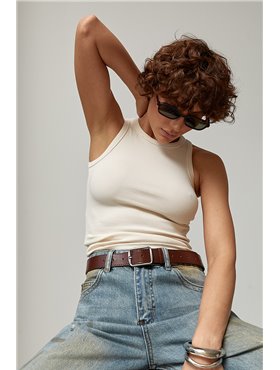 Приталена однотонна майка в рубчик - бежевий цвет, ONE SIZE (є розміри) 2387  фото - Luxbikini