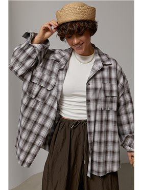 Оверсайз сорочка в клітинку з накладними кишенями - коричневий цвет, ONE SIZE (є розміри) 5040  фото - Luxbikini