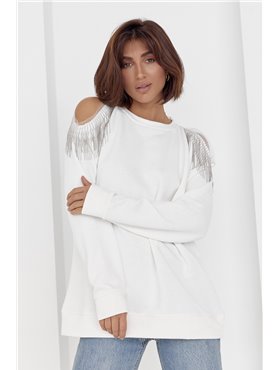 Жіноча кофта oversize з вирізами на плечах - молочний цвет, ONE SIZE (є розміри) 8023-2  фото - Luxbikini
