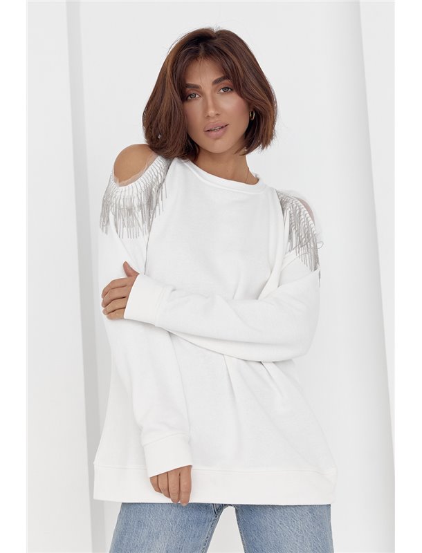 Жіноча кофта oversize з вирізами на плечах - молочний цвет, ONE SIZE (є розміри) 8023-2 фото - Luxbikini
