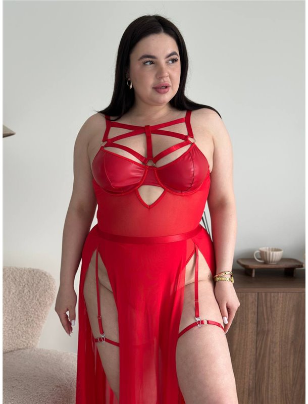Еротичний боді PLUS SIZE зі спідничкою та шкіряними вставками на грудях червоний 163371111 Ghazel фото - Luxbikini