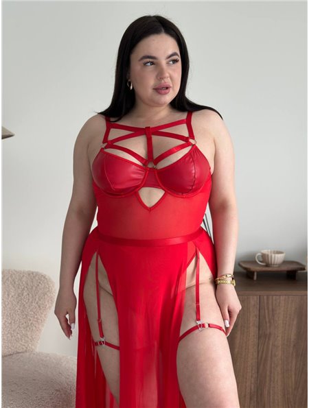 Еротичний боді PLUS SIZE зі спідничкою та шкіряними вставками на грудях червоний 163371111 Ghazel фото - Luxbikini