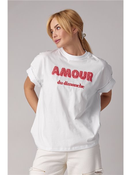 Футболка oversize з написом Amour - білий цвет, S (є розміри)