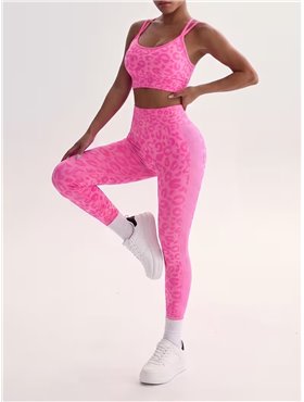 Безшовний спортивний комплект топ і лосини - рожевий неон\леопард SPORT-TOP-PINK-LEO  фото - Luxbikini