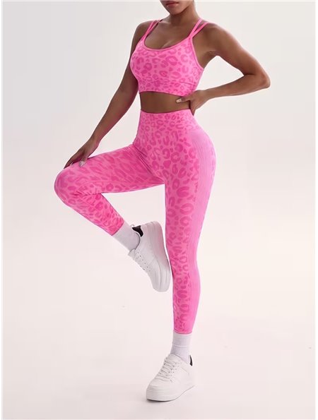 Безшовний спортивний комплект топ і лосини - рожевий неон\леопард SPORT-TOP-PINK-LEO  фото - Luxbikini
