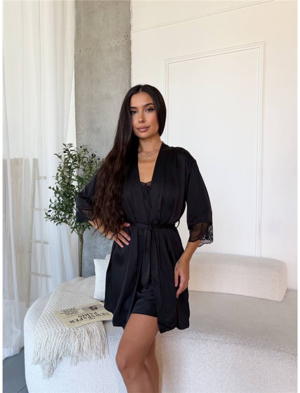 Спокусливий халат та сорочка з мереживом чорного кольору 167491111 Ghazel фото - Luxbikini