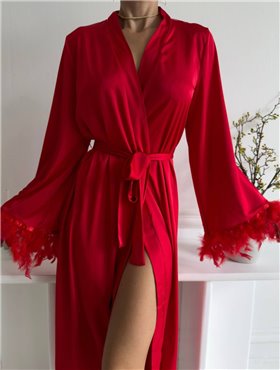 Розкішний довгий халат з мереживом та пір’ям червоний 168851111 Ghazel фото - Luxbikini