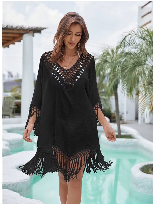 Напівпрозора туніка з бахромою - чорна (One size) 26893  фото - Luxbikini