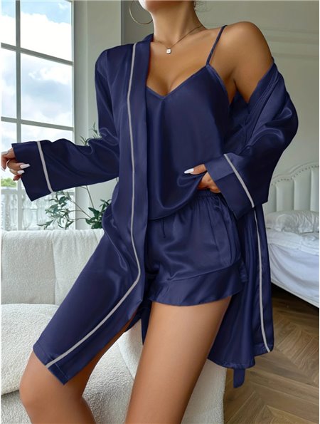 Стильний атласний набір піжама та халат - синій 24150  фото - Luxbikini