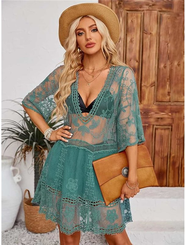Спокуслива напівпрозора туніка з квітковою вишивкою - зелена (One size) 23779 фото - Luxbikini
