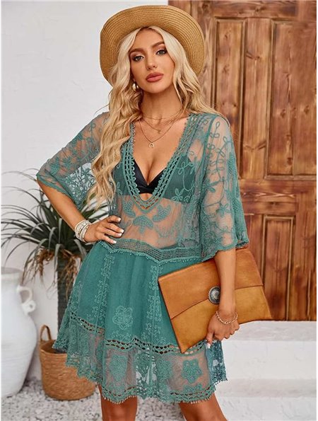 Спокуслива напівпрозора туніка з квітковою вишивкою - зелена (One size) 23779  фото - Luxbikini