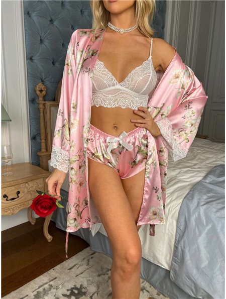 Атласний набір халат і піжама з квітковим візерунком - рожевий/білий 22529  фото - Luxbikini