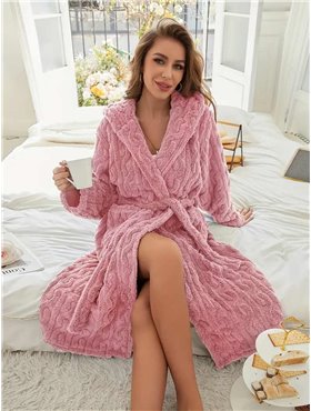 Довгий теплий махровий халат-косичка - пудра 21596  фото - Luxbikini