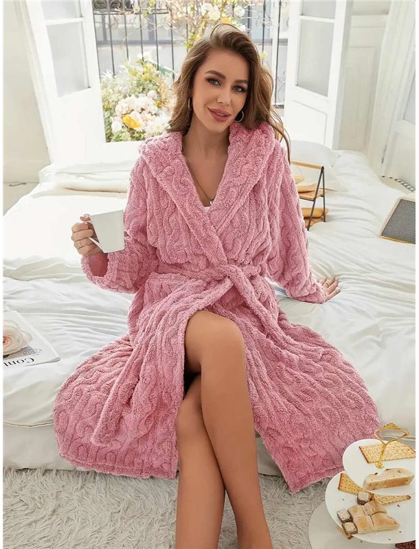 Довгий теплий махровий халат-косичка - пудра 21596 фото - Luxbikini