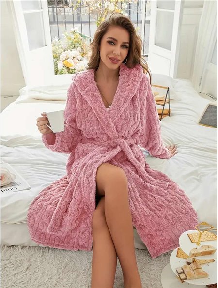 Довгий теплий махровий халат-косичка - пудра 21596  фото - Luxbikini