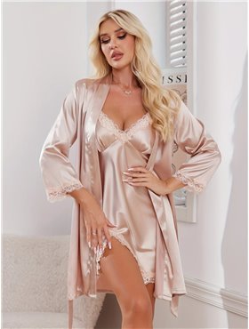 Атласний набір халат та пеньюар міні - шампанське 20193  фото - Luxbikini