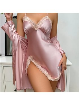 Атласний набір халат та пеньюар міні - пудра 19511  фото - Luxbikini