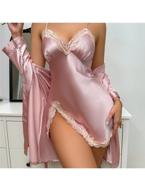 Атласний набір халат та пеньюар міні - пудра 19511  фото - Luxbikini