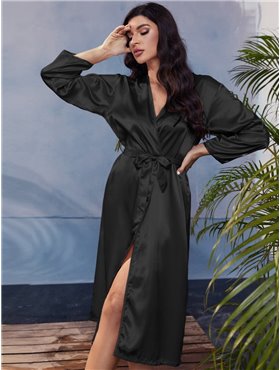 Стильний атласний довгий халат - чорний 17615  фото - Luxbikini