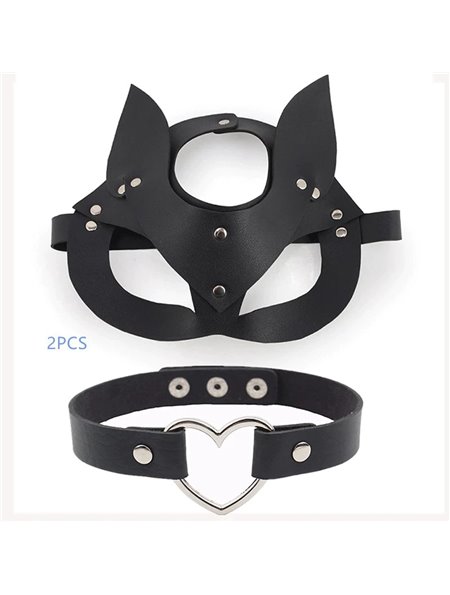 Комплект маска жінки кішки та чокер з еко-шкіри (2PCS) - чорний 14445  фото - Luxbikini