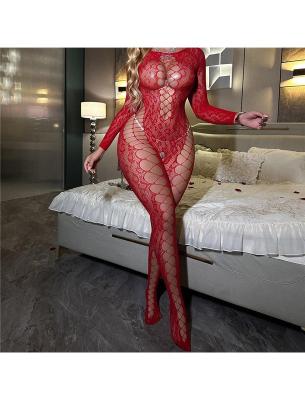 Бодістокінг жіночий еротичний з відкритим доступом прозорий у сітку S/M/L Червоний