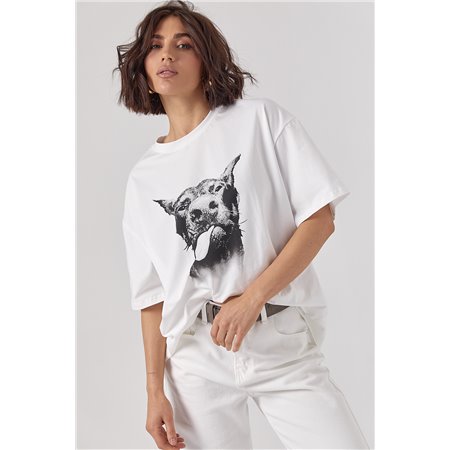 Однотонна футболка oversize з контрастним принтом добермана - білий цвет, ONE SIZE (є розміри)