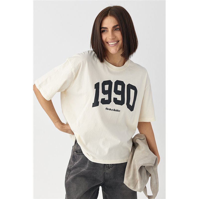Футболка oversize з принтом 1990 - кремовий цвет, ONE SIZE (є розміри)