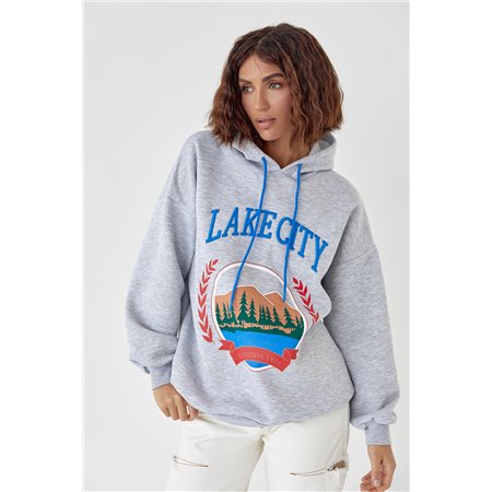 Утеплене худі з принтом та написом Lake city - світло-сірий цвет, M (є розміри)