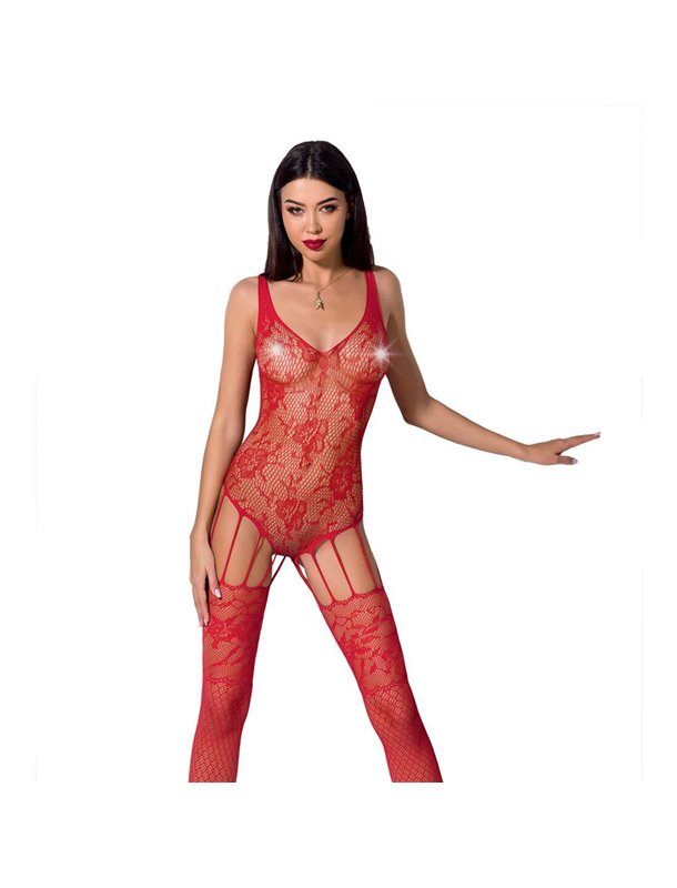 Ажурный бодистокинг с имитацией чулок Passion BS074 red