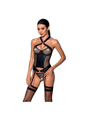 Сетчатый комплект корсет с халтером, съемные подвязки и трусики Amanda Corset black L/XL - Passion