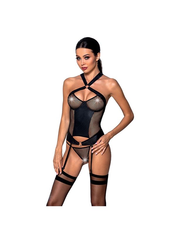 Сетчатый комплект корсет с халтером, съемные подвязки и трусики Amanda Corset black S/M - Passion