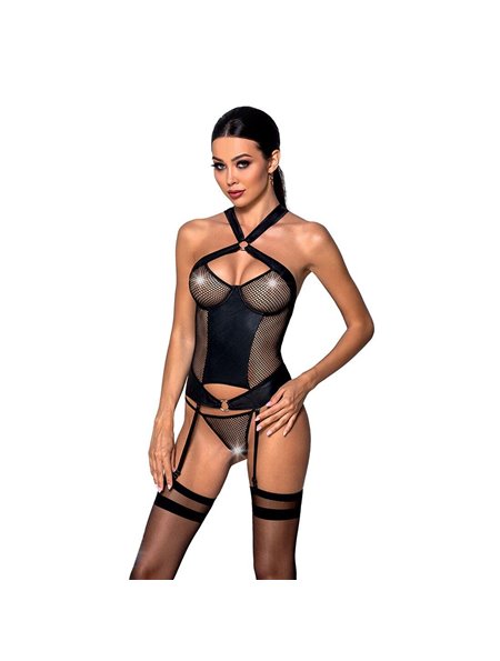 Сетчатый комплект корсет с халтером, съемные подвязки и трусики Amanda Corset black S/M - Passion