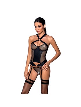 Сетчатый комплект корсет с халтером, съемные подвязки и трусики Amanda Corset black XXL/XXXL - Passion