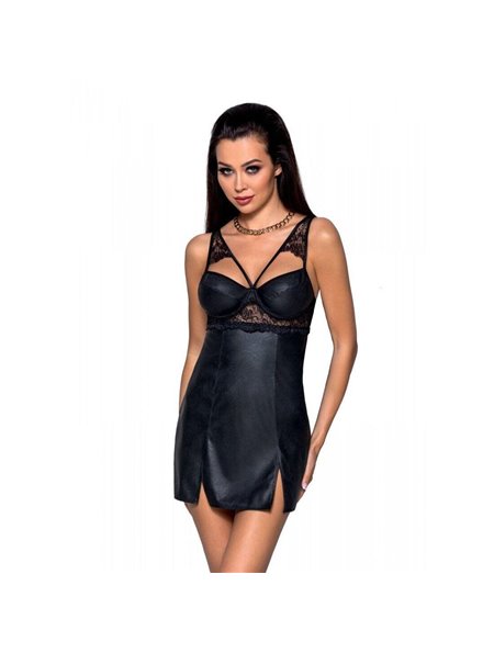 Бэби-долл из эко-кожи и кружева Loona Chemise black S/M - Passion