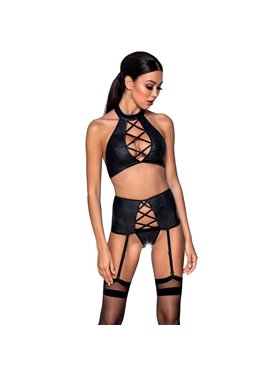 Комплект из эко-кожи с имитацией шнуровки Nancy Set black S/M - Passion топ, трусики и пояс для чулок