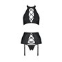 Комплект из эко-кожи с имитацией шнуровки Nancy Set black S/M - Passion топ, трусики и пояс для чулок